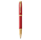 Parker IM bolígrafo roller | Lacado en rojo Premium con adornos dorados | Punta fina con recambio de tinta negra | Estuche de regalo