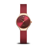 BERING 13326-Charity Reloj de cuarzo para mujer con caja de acero inoxidable de 26 mm con acabado en oro rosa y esfera roja, correa milanesa, cristal de zafiro y resistencia al agua de 3 ATM