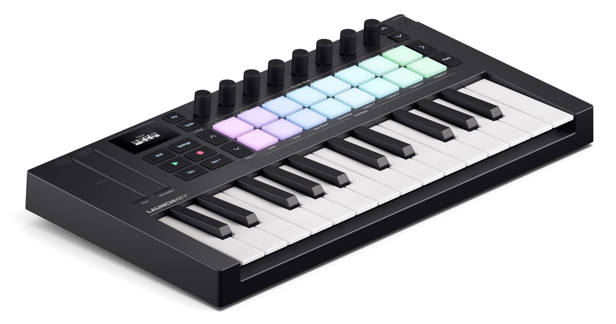 Novation Launchkey Mini 25 [MK4]: Controlador de teclado MIDI portátil, 25 teclas, USB e integración DAW. Modos Chord y Scale, pads de percusión, arpegiador y paquete de software de creación musical