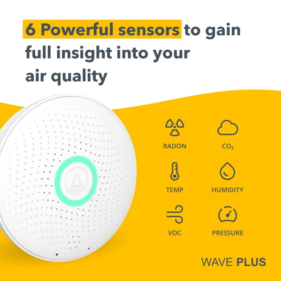 Airthings 2930 Wave Plus: monitor de radón y de la calidad del aire con detector de CO2, COV, presión de aire, humedad y temperatura