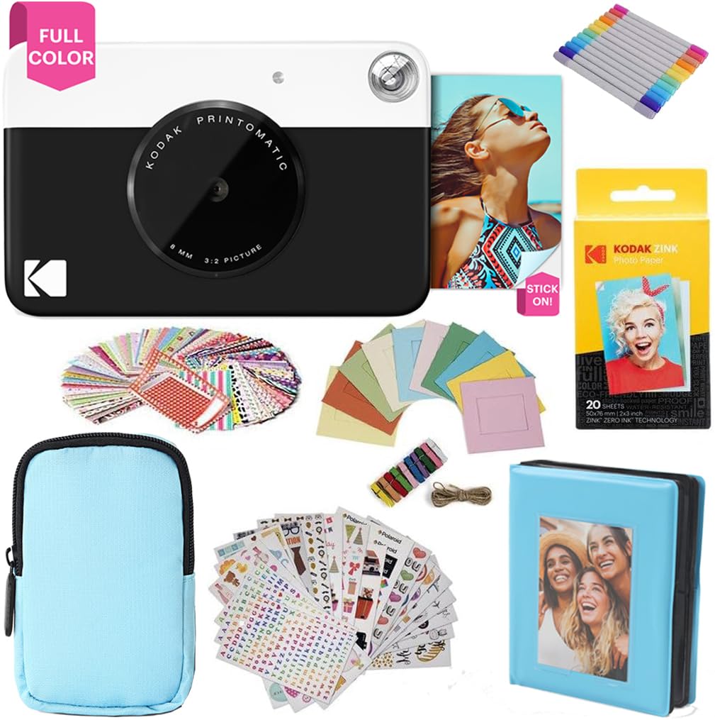 KODAK Printomatic cámara de impresión instantánea + Estuche Blando + Papel fotográfico Zink de 2 x 3 (Paquete de 20) + Álbum + Juegos de calcomanías + Marcos para calcomanías + Marcadores - Negro