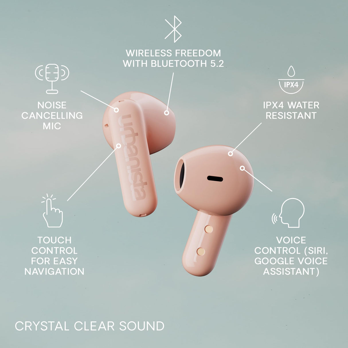 Urbanista Copenhagen Auriculares Inalámbricos, IPX4 Bluetooth 5.2 con Controles Táctiles y Micrófono con Cancelación de Ruido, 32H de Reproducción, Estuche de Carga USB C, Rosa Polvoriento