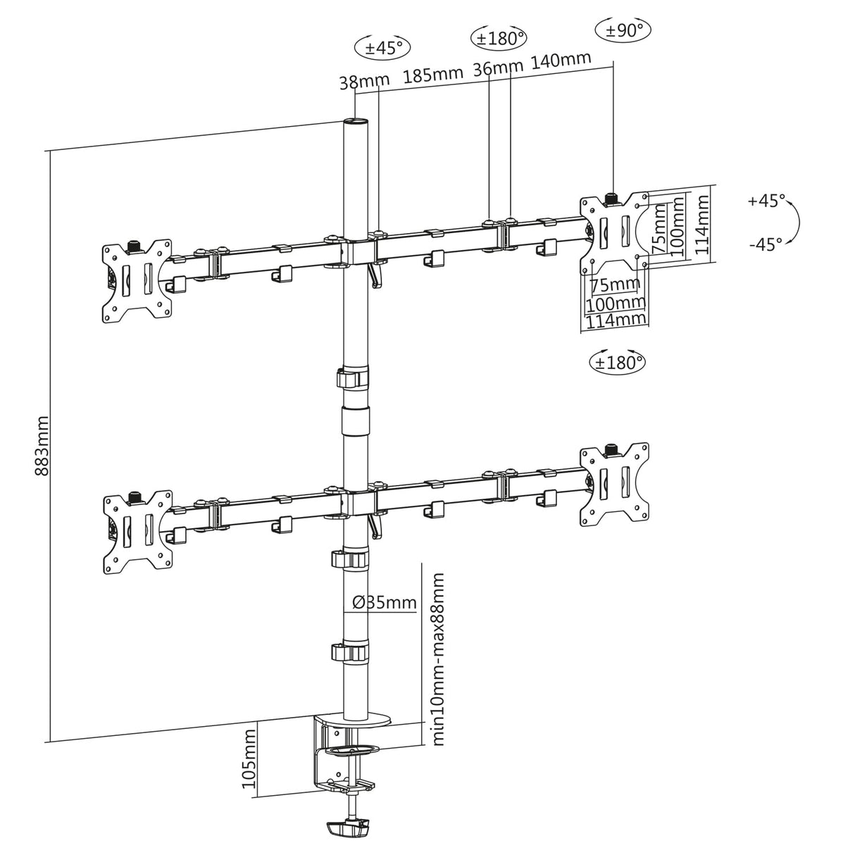ACT Brazo de monitor 4 monitores para 32 pulgadas, VESA 75/100 mm, soporte de monitor cuádruple ajustable en altura para escritorio, inclinación de 180°, giro de 360°, rotación de 360°, peso máx. 8 kg