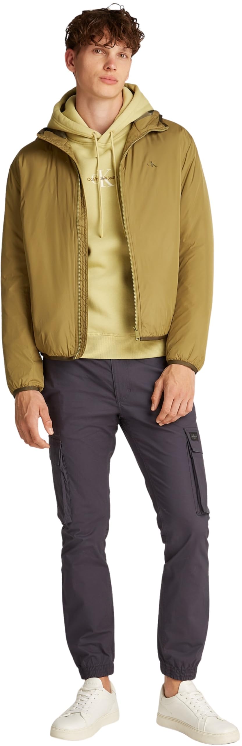 Calvin Klein Chaqueta cortavientos Hombre Hi-Neck con capucha, Verde (Gothic Olive), XS