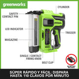Greenworks GD24BN Clavadora a batería, Capacidad de 110 clavos, 110pcs/min para Clavos de 20-50mm 18GA SIN Batería de 24V y Cargador, Garantía de 3 Años