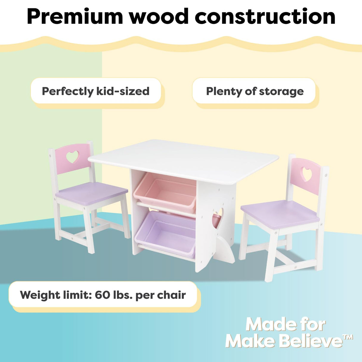 KidKraft Juego Infantil de Mesa y 2 sillas de Madera Corazón con Compartimentos de Almacenamiento, Muebles para Salas de Juego y Dormitorio de niños (26913)