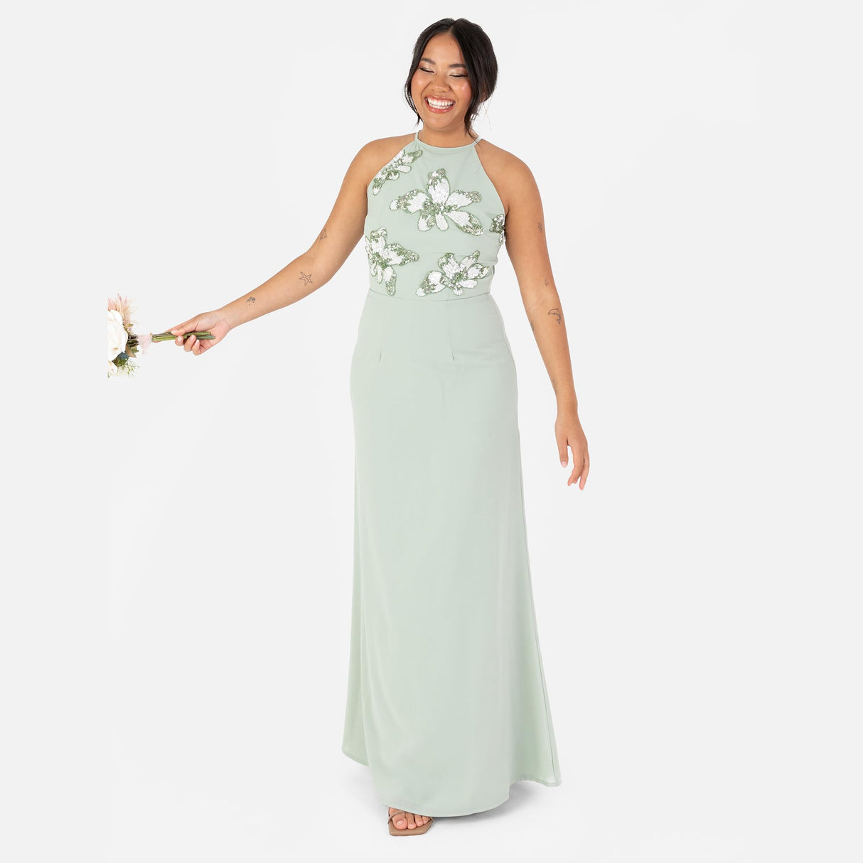 Maya Deluxe Women's Maxi Dress Ladies Sleeveless Halterneck Floral Sequin Embellished A-Line for Wedding Guest Evening Ball Gown Vestido, Green Lily, 38 para Mujer