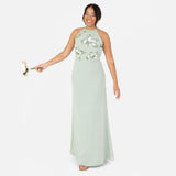 Maya Deluxe Women's Maxi Dress Ladies Sleeveless Halterneck Floral Sequin Embellished A-Line for Wedding Guest Evening Ball Gown Vestido, Green Lily, 38 para Mujer