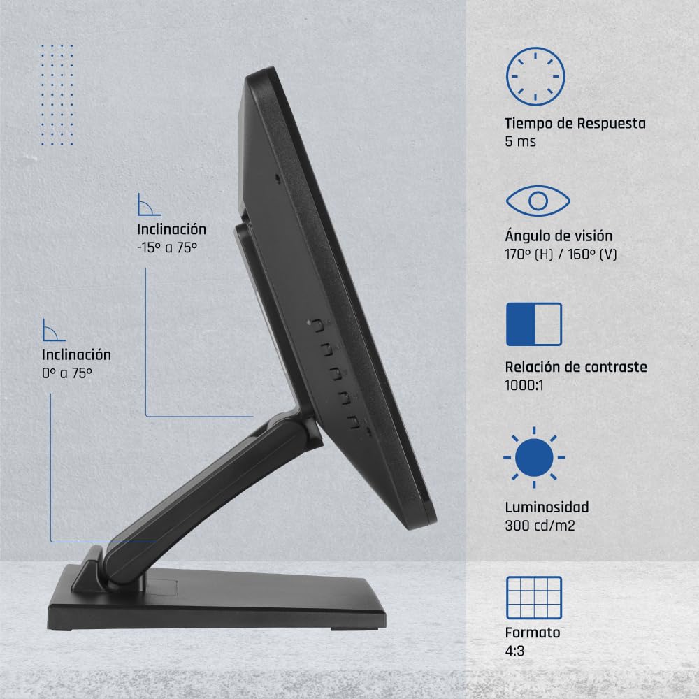 iggual Monitor Táctil 15", Formato 4:3 .- Panel Capacitivo 75Hz - Sist. Operativo Compatible : Windows 7 a 11, Android, Linux, Raspberry Pi- Conexiones: USB-A + VGA + HDMI, 300cd/m2, (MTL15X)