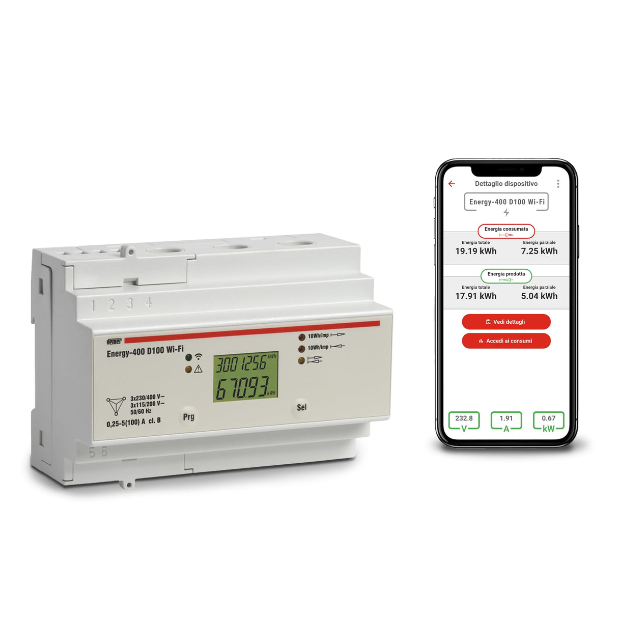 VEMER VE799300 ENERGY-400 D100 – Contador de Energía Eléctrica WiFi para Sistemas Trifásicos, Medidor de Consumo Eléctrico con APP, Instalación en Carril DIN, Blanco