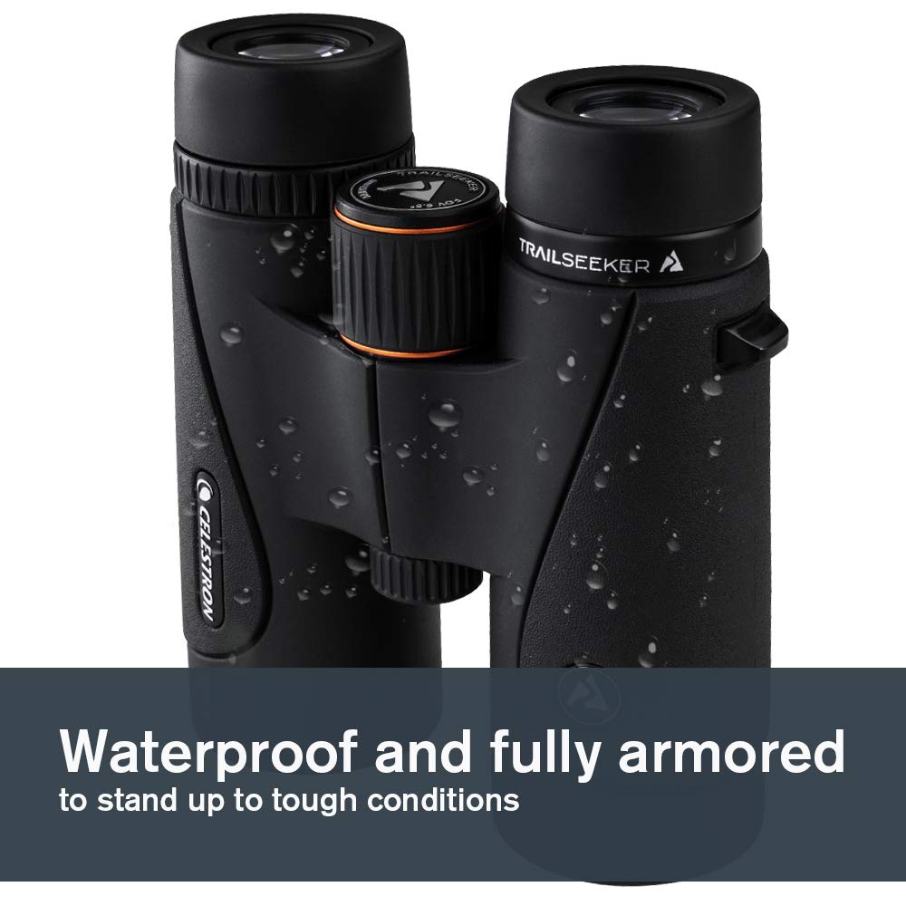 Celestron 71404 TrailSeeker 8x42mm Binoculares de Techo con Lente con Recubrimiento dieléctrico, Prisma BaK-4, Cuerpo Ligero de aleación de magnesio y Funda de Transporte Blanda, Negros