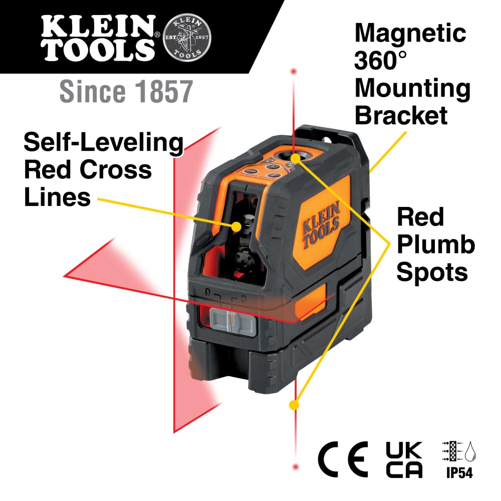 Klein Tools 93LCLS - Nivel láser de línea cruzada con punto de plomada, autonivelante, incluye abrazadera de montaje magnética