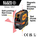 Klein Tools 93LCLS - Nivel láser de línea cruzada con punto de plomada, autonivelante, incluye abrazadera de montaje magnética