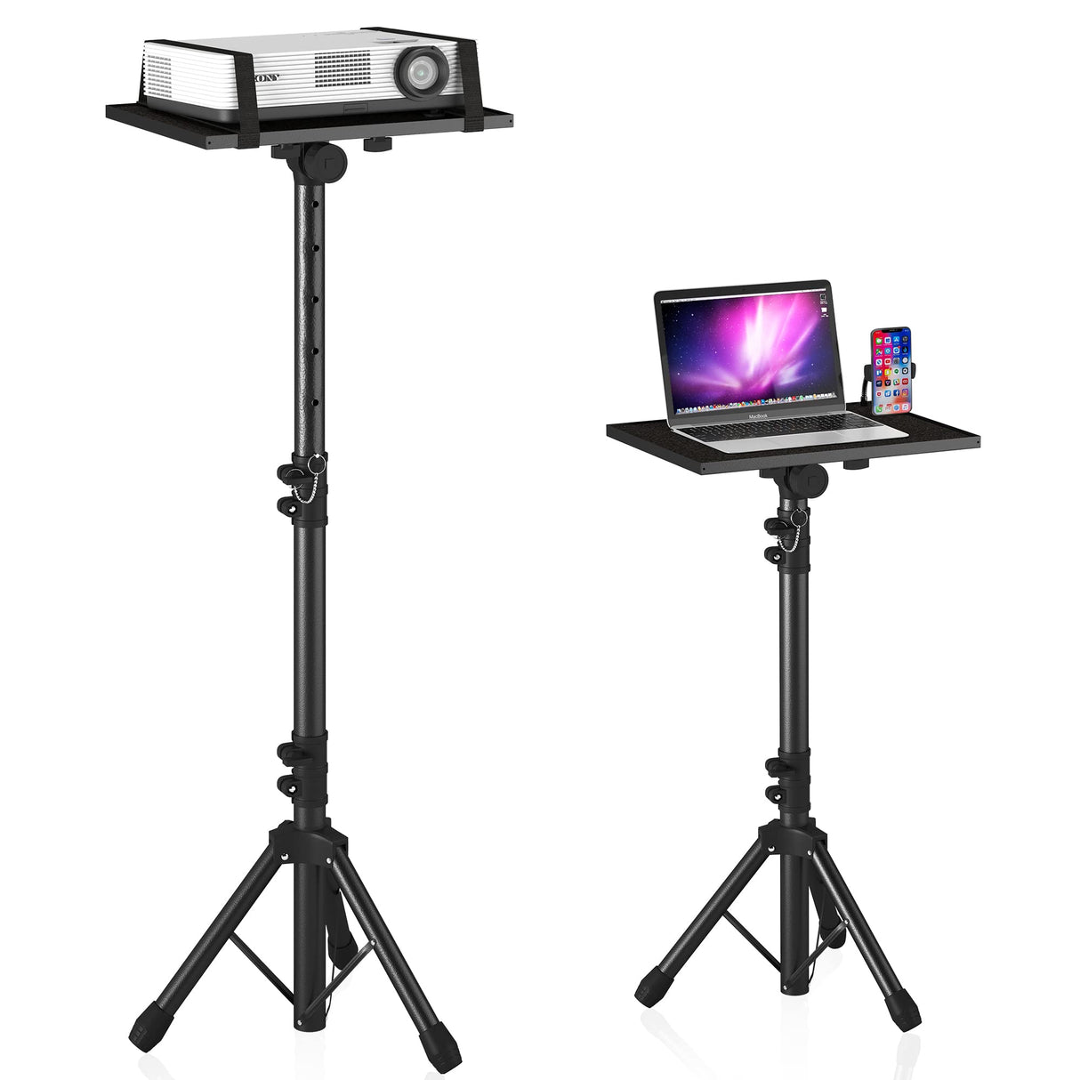 DECOSIS Trípode para proyector de 23.5 a 46.5 pulgadas, soporte de trípode para laptop de altura ajustable con soporte de teléfono de cuello de cisne, soporte de suelo para laptop para oficina, hogar,