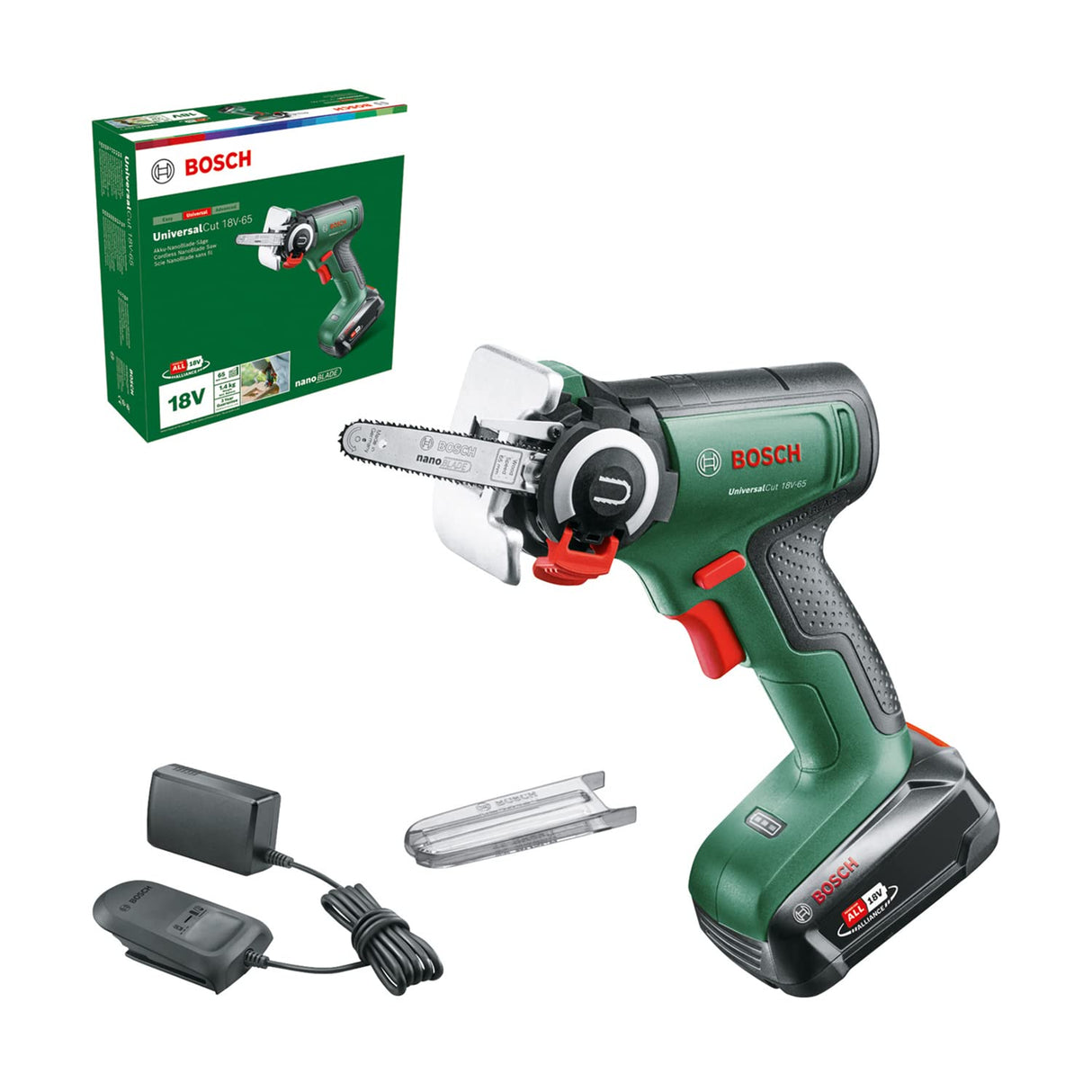 Bosch Home and Garden sierra NanoBlade con Batería UniversalCut 18V-65, para Cortar Rápido y a Mano Alzada Madera Plástico, Profundidad Máx. de Corte 65 mm, Sistema 18 V, Incluye 1 2,5 Ah Cargador