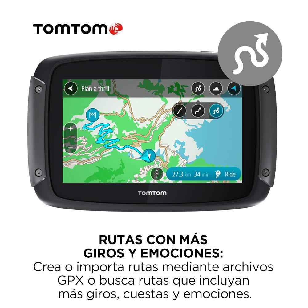 TomTom GPS para motocicletas Rider 50 (4,3 pulgadas con carreteras montañosas, actualizaciones mediante Wi-Fi, info tráfico en tiempo real, Radares de tráfico para 3 meses, 24 mapas)