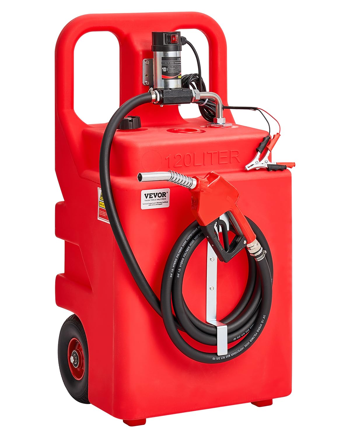 VEVOR Tanque de Combustible Portátil 121 L con Bomba de Transferencia de Combustible Eléctrica de 10 GPM, Manguera de 3,96 m, Boquilla Autosellante, Contenedor de Combustible para Diésel, Rojo