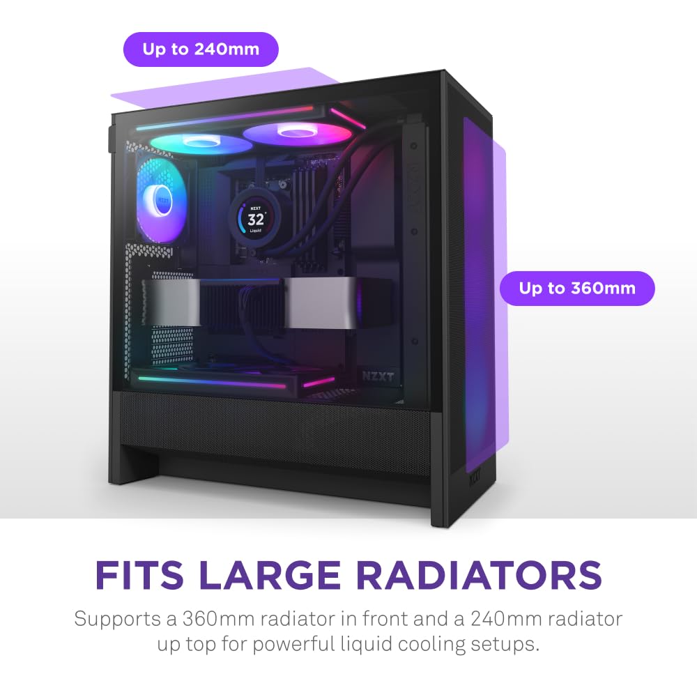 NZXT H5 Flow RGB - Caja compacta ATX Mid-Tower para PC Gaming - Alto Flujo de Aire - Ventilador F360 RGB Core (CV) Incluido - Soporte de radiador Frontal de 360mm y Superior de 240mm - Negro