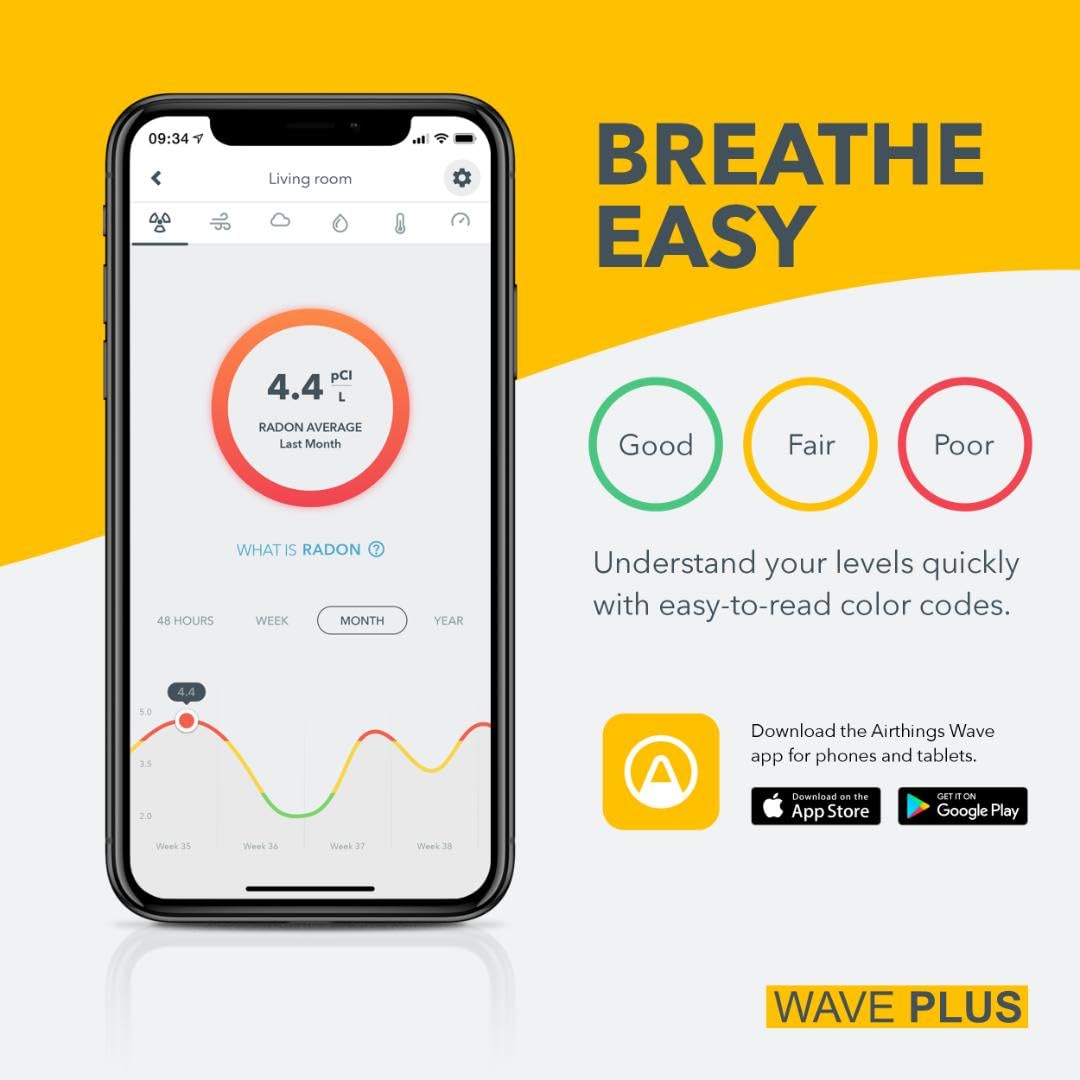 Airthings 2930 Wave Plus: monitor de radón y de la calidad del aire con detector de CO2, COV, presión de aire, humedad y temperatura