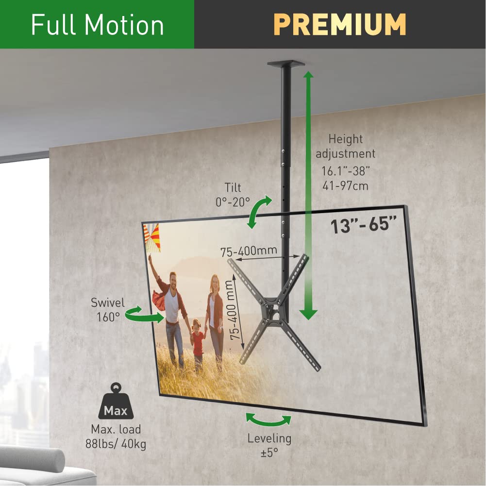 Barkan Soporte de TV de Techo, 97cm de Largo Giratorio e inclinable para Pantallas de 13-65 Pulgadas, Peso máximo 40Kg, Telescópico de Altura Ajustable, para LED OLED LCD, hasta VESA 400x400