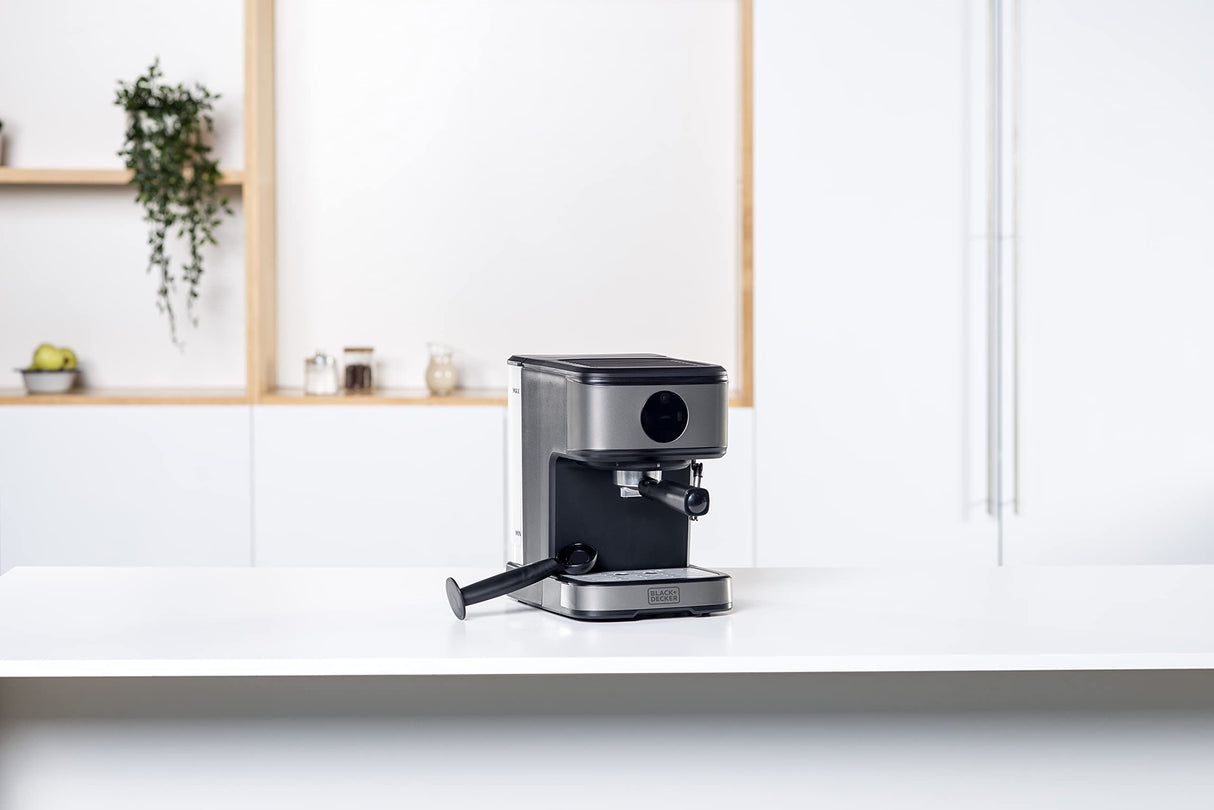 Black+Decker BXCO850E - Cafetera espresso, 20bar, 1 o 2 cafés, función vapor, paro automático, cantidad programable, sistema extra cream, 1.5l, acabado antihuellas en acero inox, 850W