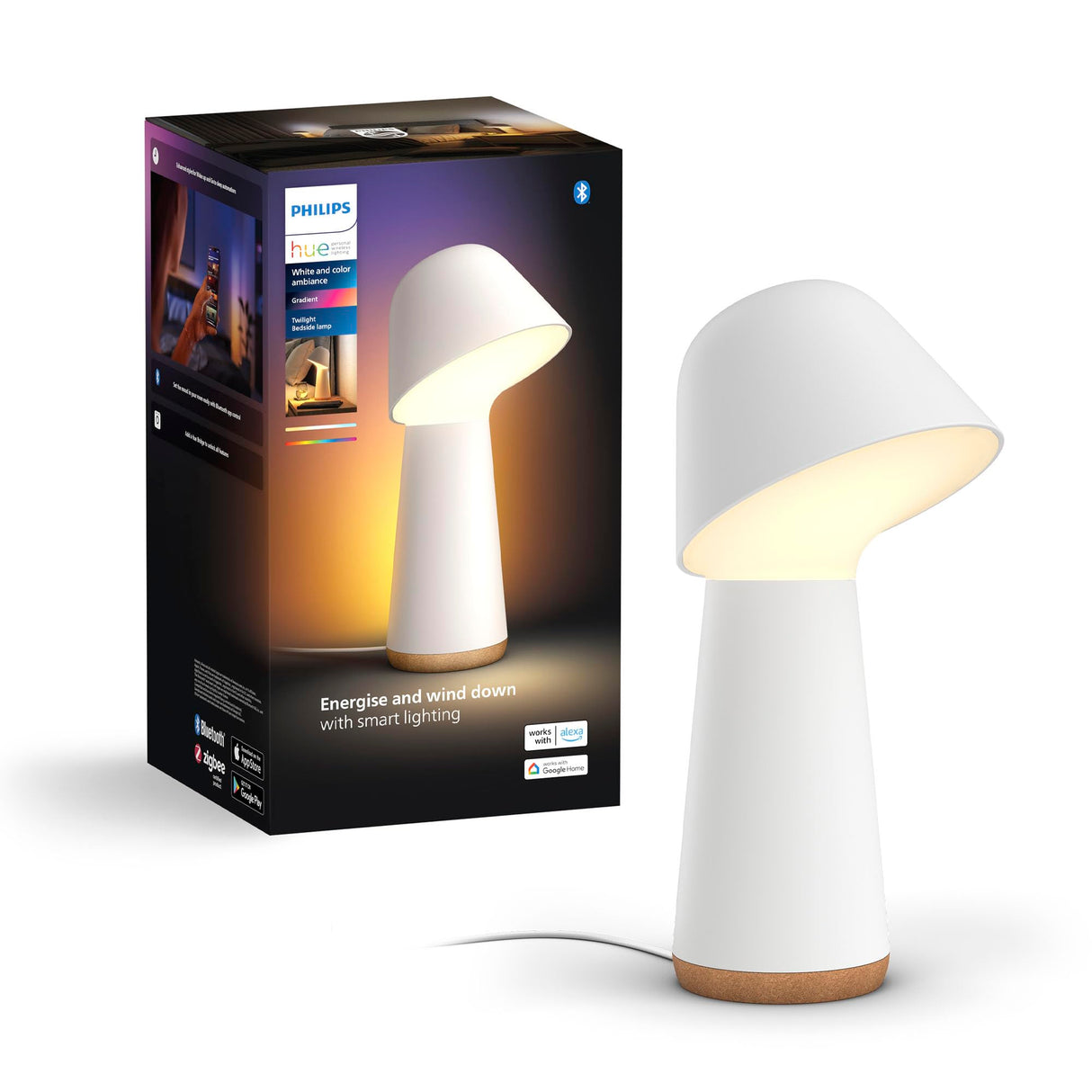 Philips Hue Twilight, Lámpara de mesilla inteligente, optima para dormir y despertar, luz blanca y de color, compatible con Bluetooth, control por voz con Alexa, Apple Home y Google Assistant