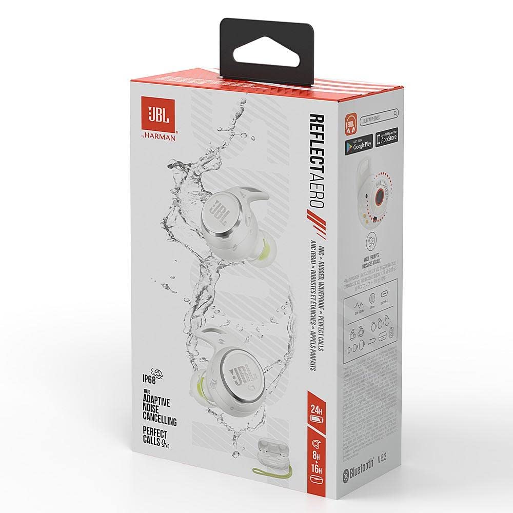 JBL Reflect Aero Auriculares con tecnología True Adaptive Noise Cancelling, resistentes al agua, batería de 8 horas, en blanco