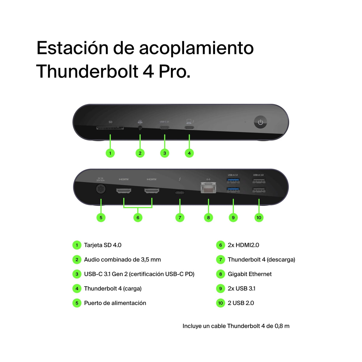 Belkin estación de acoplamiento Thunderbolt 4 Pro, pantalla 8K a 30 Hz, dos pantallas 4K a 60 Hz, 2 puertos Thunderbolt 4, 2 HDMI, suministro PD de 90 W, Docking Station por MacBook Pro, XPS