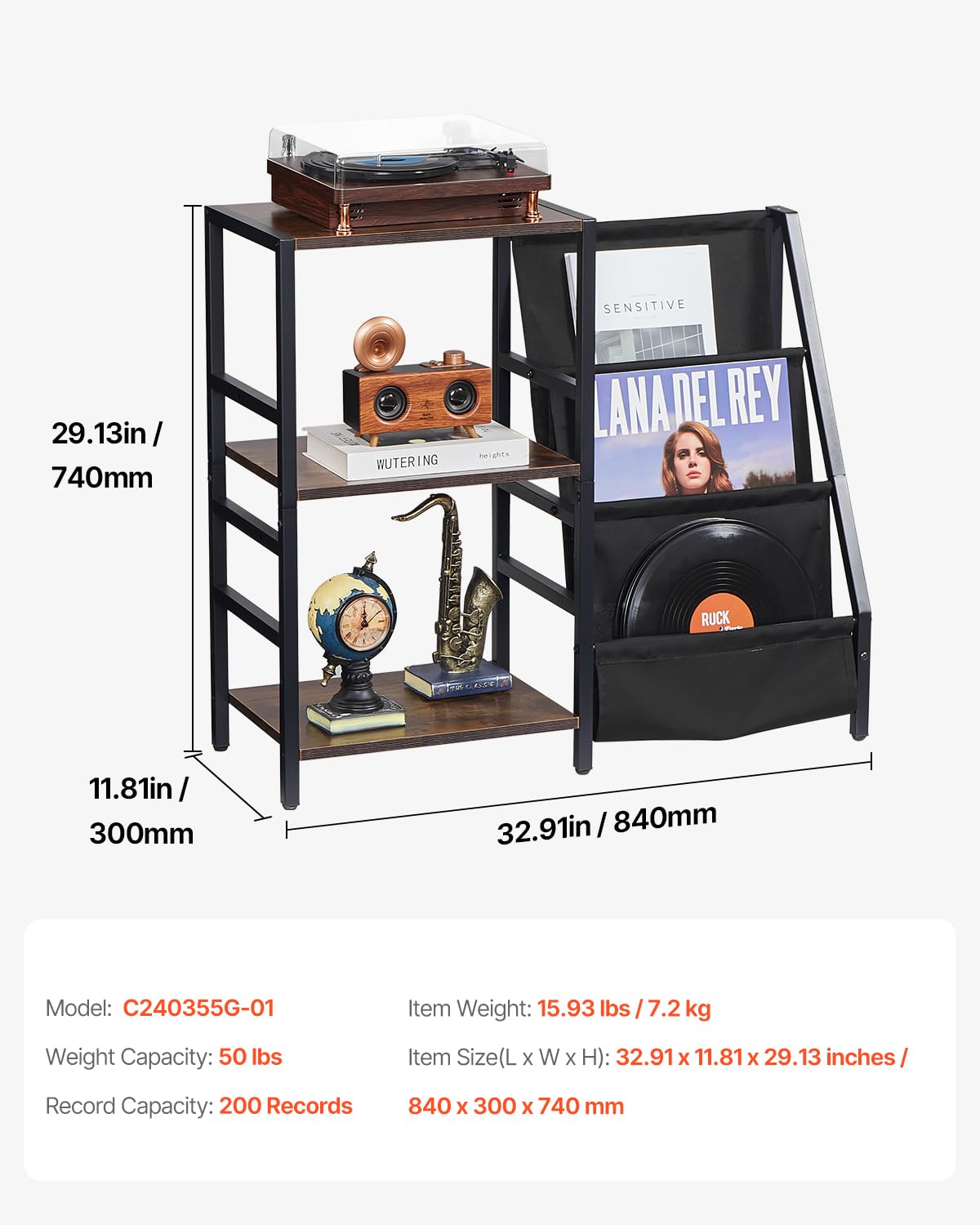 VEVOR Soporte para Tocadiscos 840 x 300 x 740 mm de 3 Niveles con Estación de Carga y Puertos USB, Admite Hasta 200 álbumes, Soporte para Tocadiscos con Almacenamiento de Discos de Vinilo, Negro