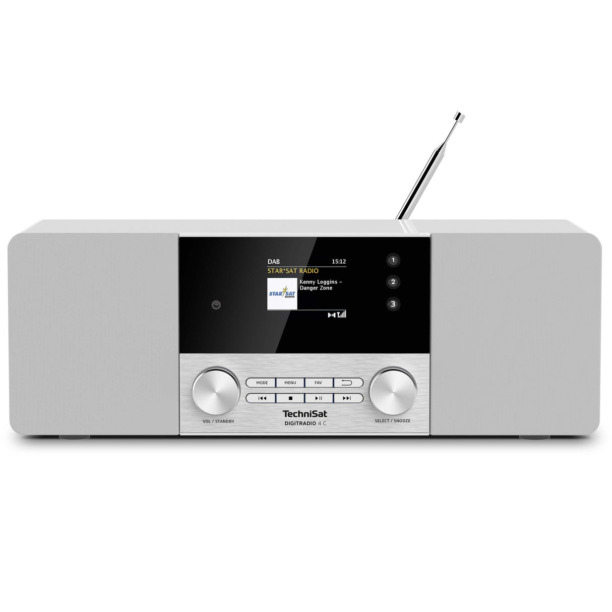 TechniSat - Radio Digital estéreo 4 C (Dab +, FM, Pantalla a Color, Bluetooth, conexión para Auriculares, Entrada Auxiliar, Pantalla OLED, 20 W RMS, Altavoz Elac), Color Blanco