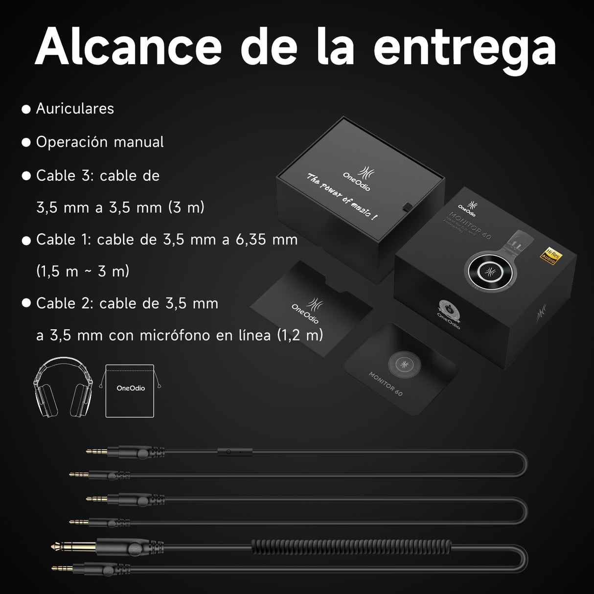 OneOdio Monitor 60 - Auriculares Profesionales de Estudio, Cascos Hi-Res con 50mm Controladores, Audífonos Cerrados con Cable Desmontable (3,5 mm / 6,35 mm) para DJ, Podcast, Grabación, Móvil, PC