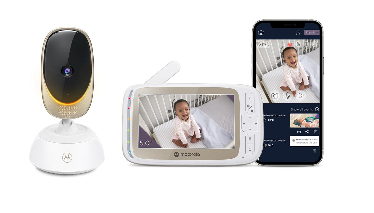 Motorola Nursery VM85 Connect Vigilabebés con Cámara – WiFi y App Móvil, Pantalla 5”, Visión Nocturna, Giro/Inclinación, Comunicación Bidireccional, Canciones de Cuna