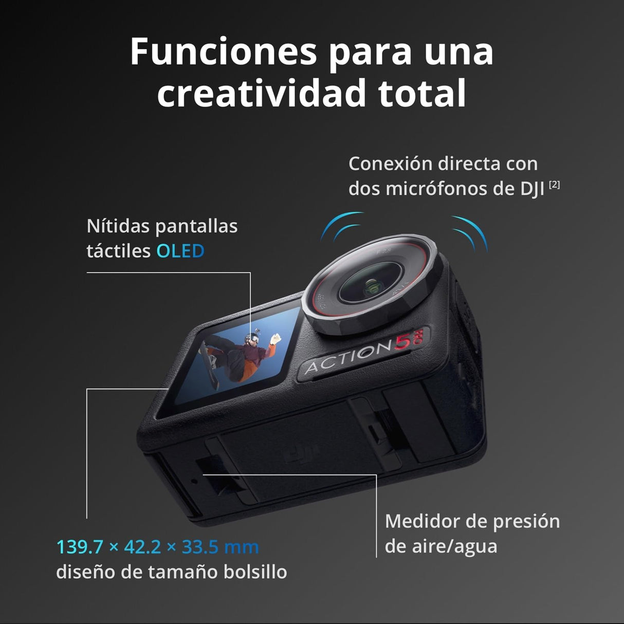 DJI Osmo Action 5 Pro Pack Esencial: cámara Deportiva, Sensor 1/1.3", vídeo 4K/120 fps, Seguimiento de Objetivos, estabilización, 2 Pantallas táctiles OLED, cámara de acción 4K para Deportes y Vlogs