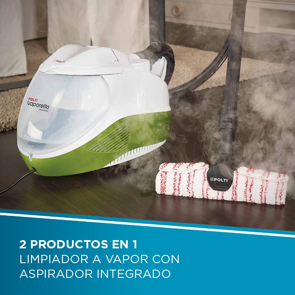 Polti Vaporetto Lecoaspira FAV80 Turbo Intelligence, Limpiador a Vapor y Aspirador con Filtro de Agua, Función Eco, Presión Máxima 6 Bar, Potencia 2450 W, 15 Accesorios Incluidos, Blanco y Verde