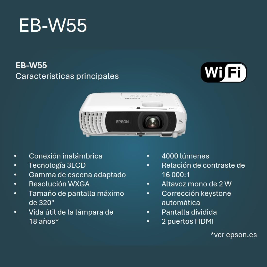 Proyector EB-W55 económico WXGA con lámpara, Wi-Fi Incorporado, 2 Puertos HDMI, tamaños de Imagen sobre Pantallas de hasta 320″ y luminosidad de 4000 lúmenes