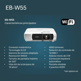 Proyector EB-W55 económico WXGA con lámpara, Wi-Fi Incorporado, 2 Puertos HDMI, tamaños de Imagen sobre Pantallas de hasta 320″ y luminosidad de 4000 lúmenes