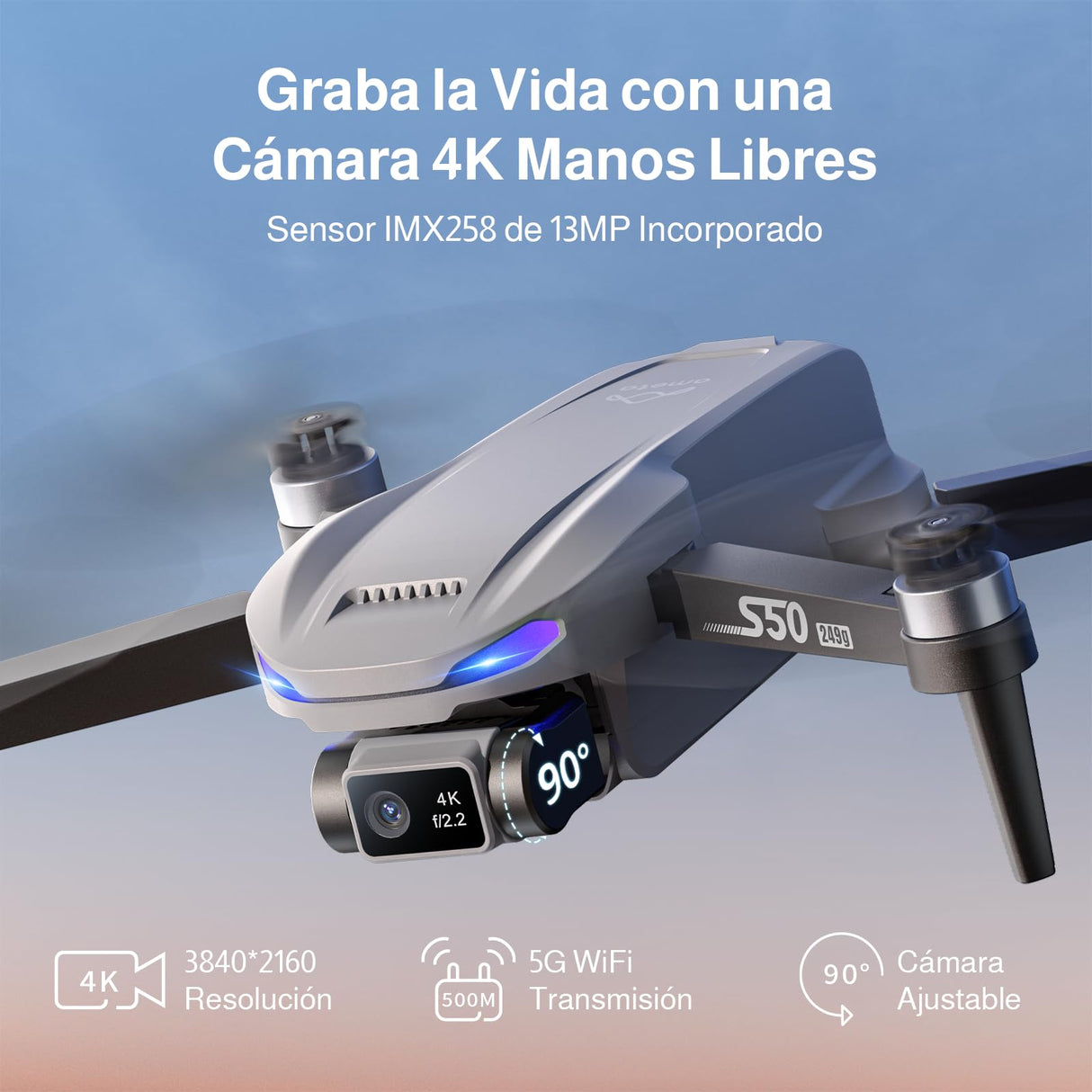 Ameta Drone con Camara 4K Adultos, S50 Lite GPS Profesional Dron con Cámara/Retorno Automático/ 50 Minutos de Vuelo/Sigueme/Modos Inteligentes/Gestos Control/ 500m Alcance, Menos de 249g
