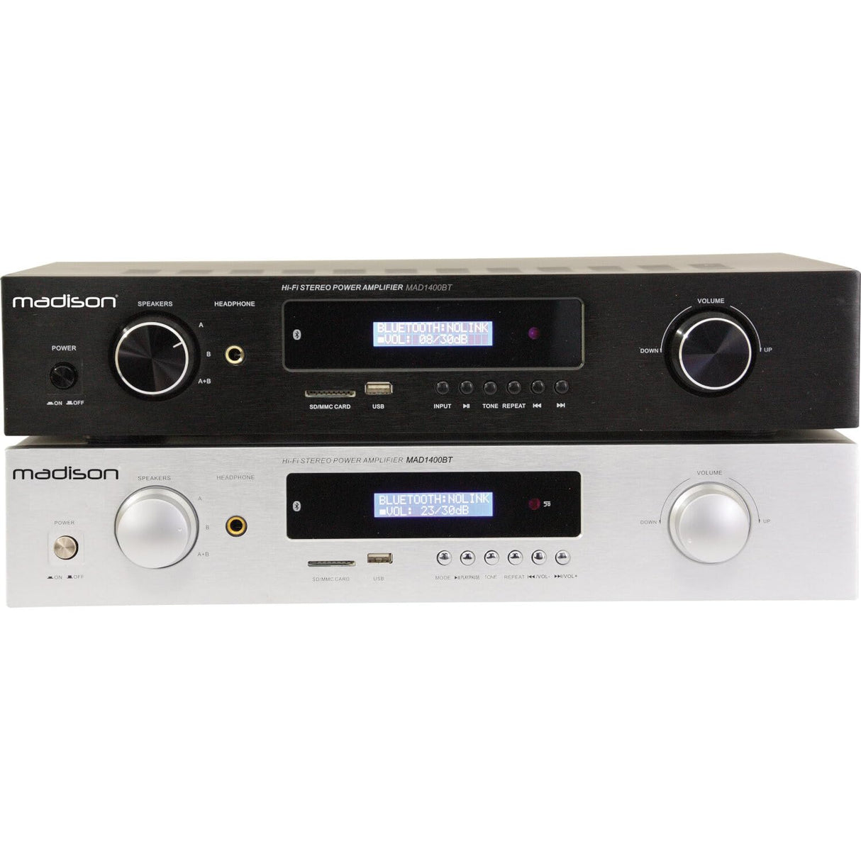Madison - MAD1400BT-BK - Amplificador estéreo HI-FI 2 x 100W RMS con Bluetooth, USB, SD y FM - Aluminio negro