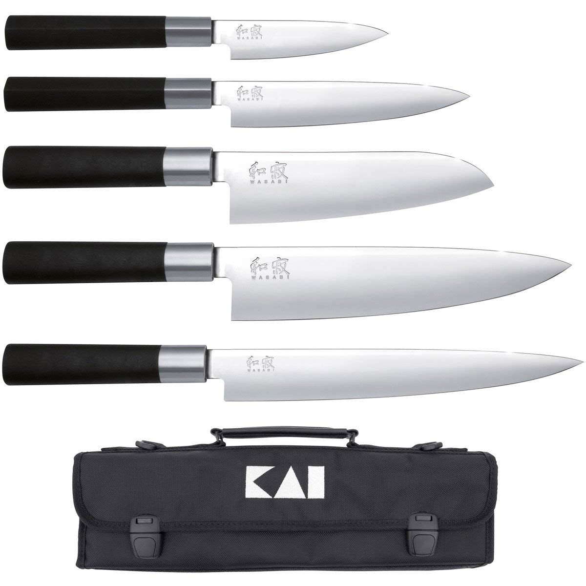 KAI Wasabi Black estuche de cuchillos equipado - Cuchillo multiusos 10 cm, Cuchillo multiusos 15 cm, Santoku 16,5 cm, Cuchillo de chef 20 cm, Cuchillo jamonero 23 cm - 6A/1K6
