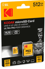 Kodak - Tarjeta MicroSD de 512 GB UHS-II U3 V60 - Velocidad ultrarrápida de Lectura de 300 MB/s, 160 MB/s de Escritura - Vídeo 4K/8K - Almacenamiento Ultra Grande para vídeos y Fotos - Adaptador SD