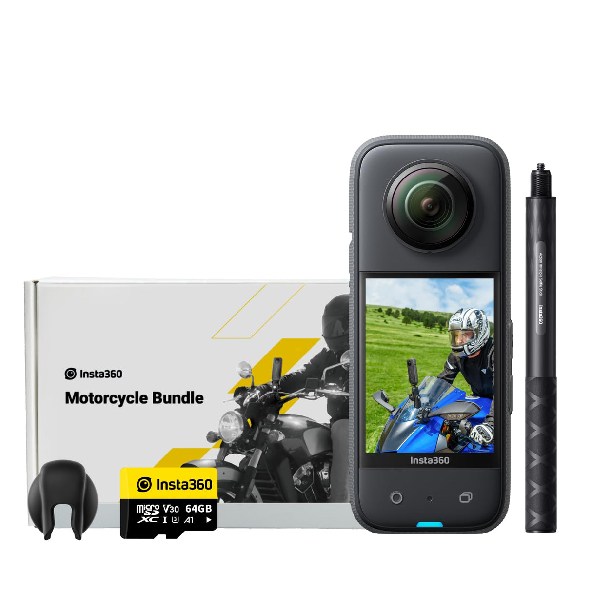Insta360 X3 Kit Motero - Cámara de acción 360 Resistente al Agua, Sensor de 1/2", 5.7K 360, Fotos 72MP, estabilización, Pantalla táctil de 2.29", edición por IA, Live Streaming, Webcam