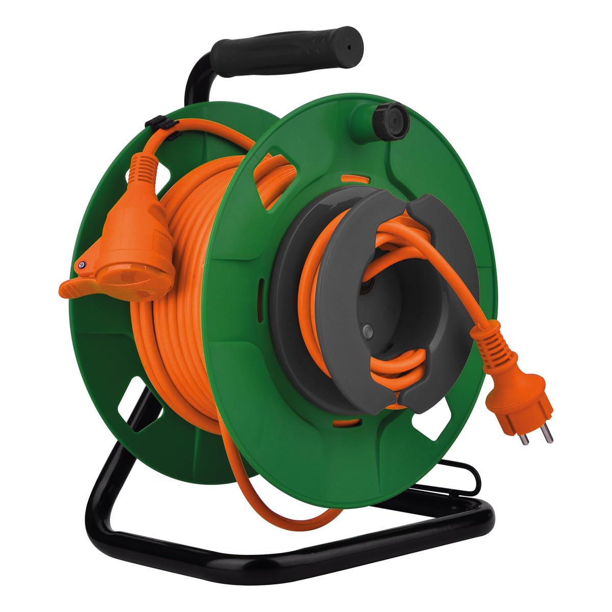 Zenitech - Enrollador de jardín estanco IP44 cable naranja 3G1,5 mm² 32+3m con toma 16A 2P+Tierra con solapa y disyuntor