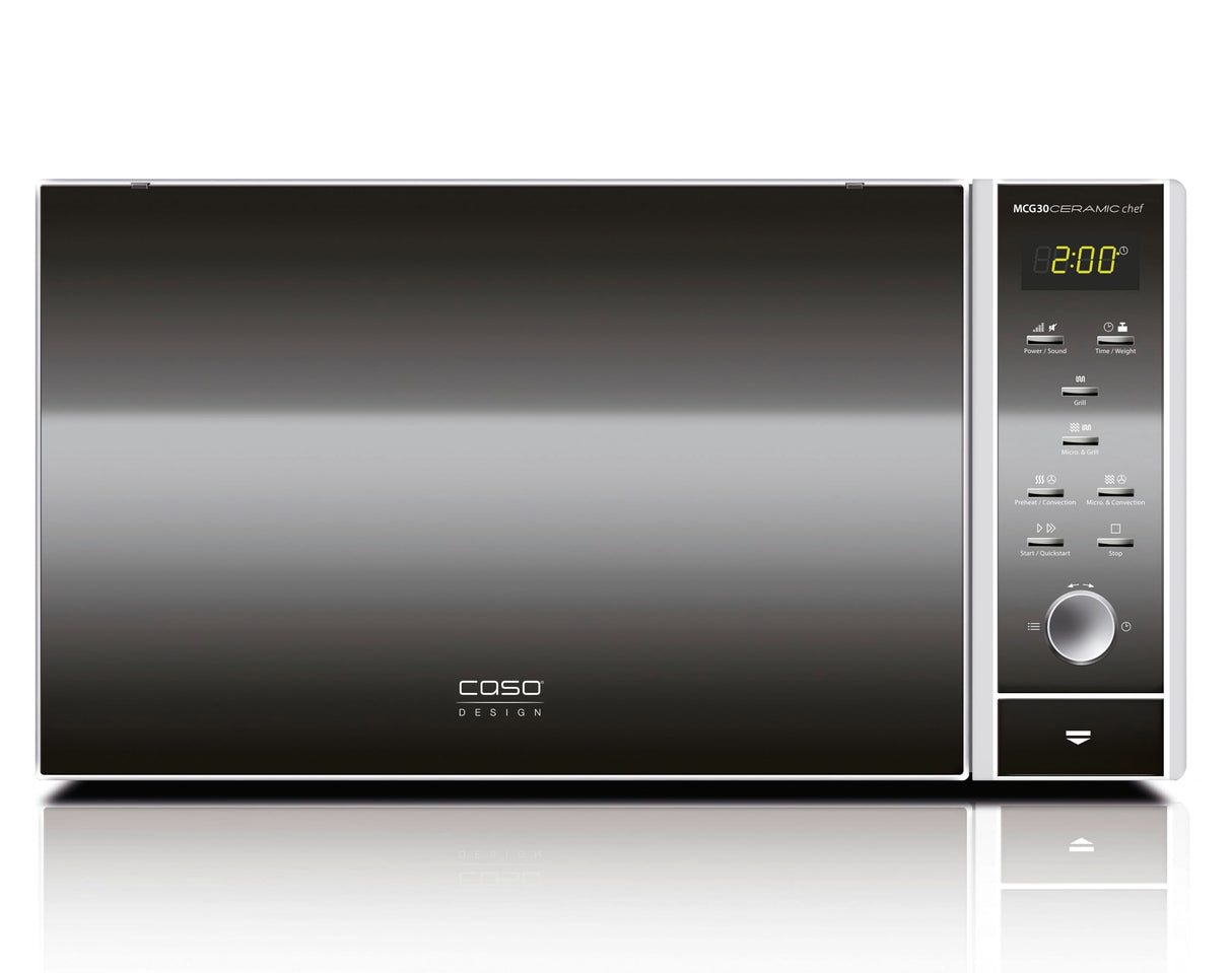 CASO MCG 30 Ceramic Chef - microondas 3 en 1 sin plato giratorio de 900W con grill de 1200W y aire caliente de 2100W - Capacidad grande de 30L - pantalla digital, frontal espejado - negro