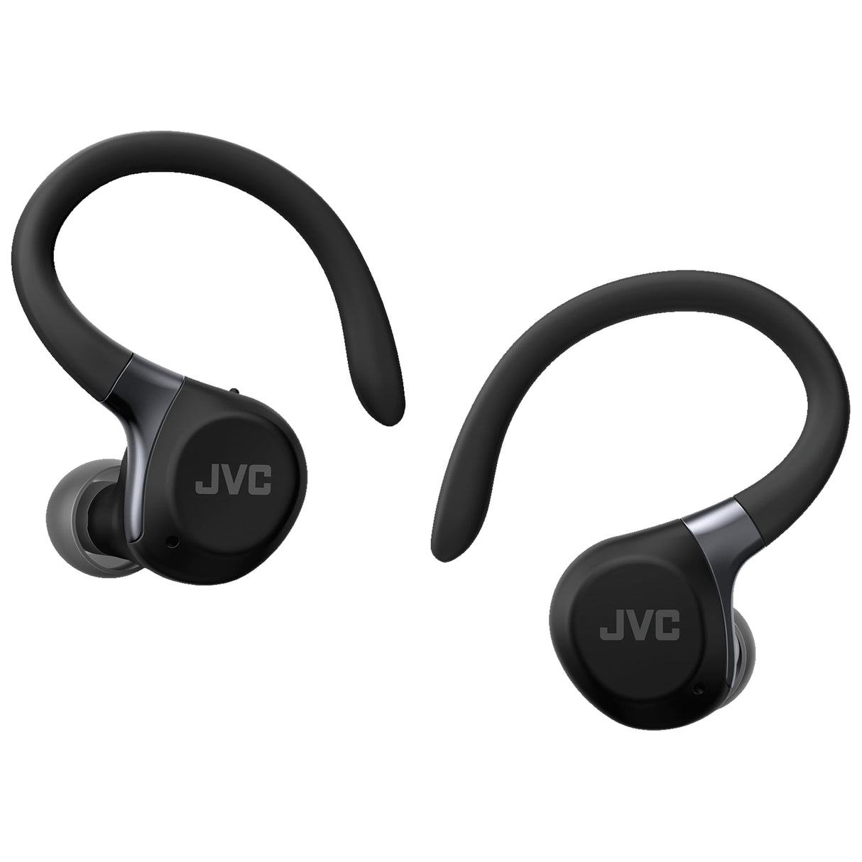 JVC Auriculares Inalámbricos Deportivos HA-EC75T, Ganchos Ajustables, 40h Batería, Cancelación de Ruido + Modo Ambiente, Resistencia IP57, Baja Latencia, Micrófono – Negro