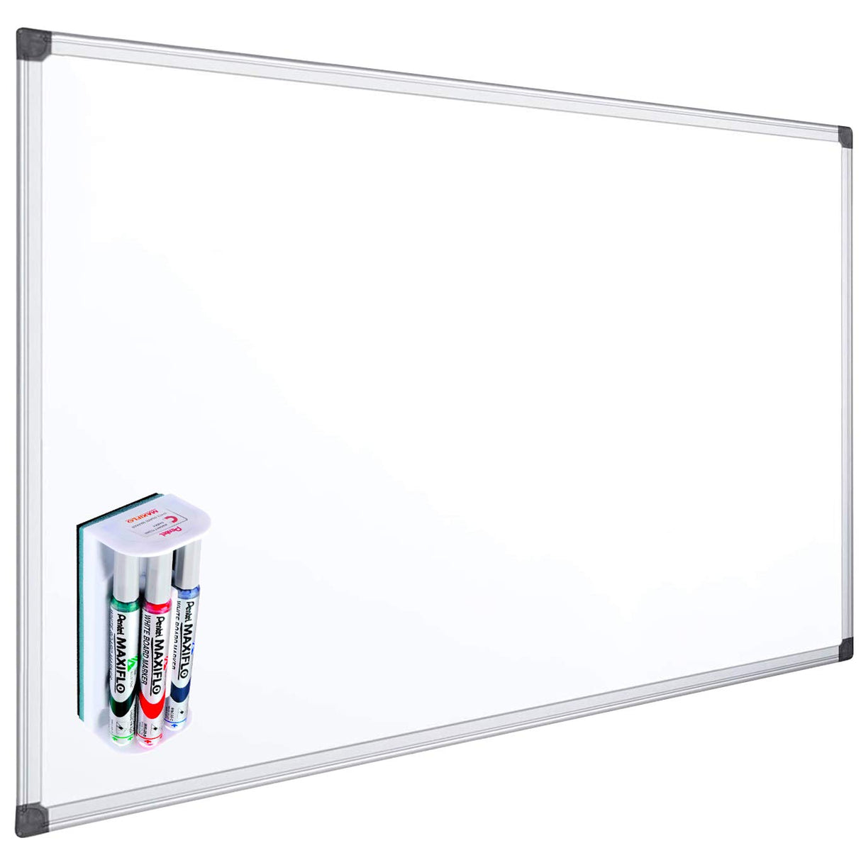 OFITURIA Pack Pizarra Blanca Magnética + Pentel MAXIFLO Set 4 Rotuladores con Borrador Magnetico Ligero - Pizarra Magnetica Lacada Con Marco De Aluminio Resistente Fácil De Borrar En Seco (150x100cm)
