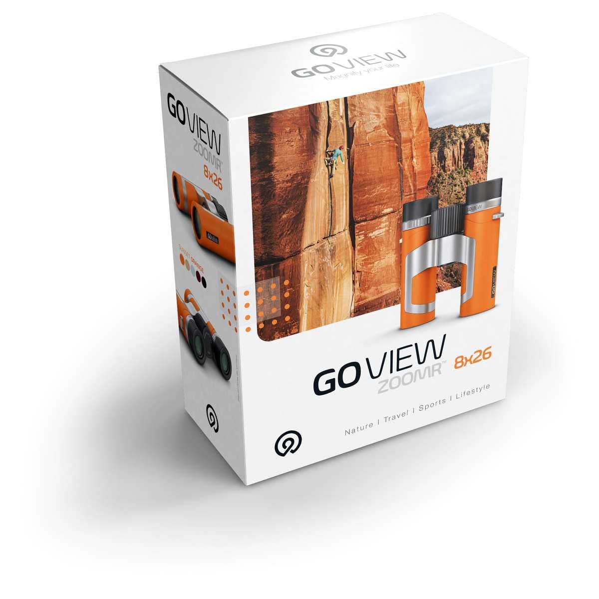 GoView ZOOMR 8x26 prismáticos pequeños y Ligeros (Aumento de 8X, Carcasa de magnesio, Incluye Adaptador para Smartphone y Accesorios) Sunset Naranja