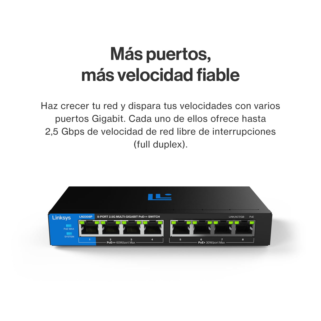 Switch PoE++ multigigabit Linksys no administrado de 8 Puertos y 2,5 G | Ethernet bajo Consumo | Control dúplex Completo | para WiFi 6/6E/7 y cámaras IP | Carcasa metálica | Presupuesto PoE de 180 W