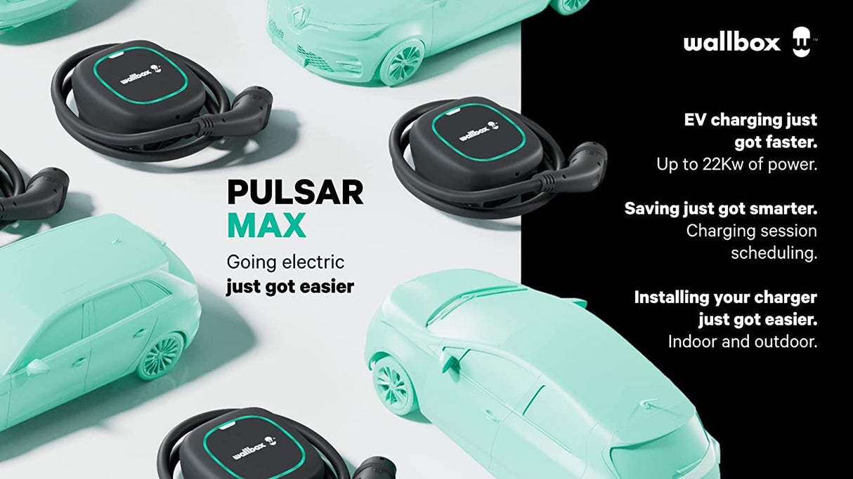 Wallbox Pulsar MAX, Cargador para Vehículo Eléctrico (7.4kW, Tipo 1, Wi-Fi, Bluetooth, OCPP, Interior/Exterior, 5m, Diseño facíl de Instalar), Negro