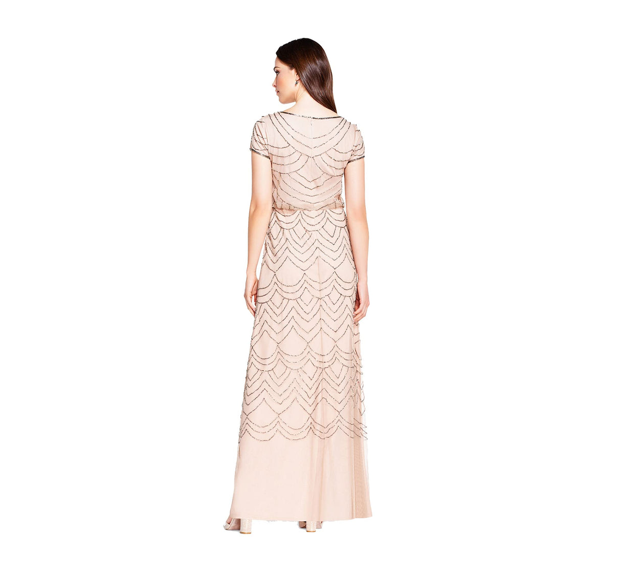 Adrianna Papell Women's Short Sleeve Blouson Beaded Gown, Taupe/Pink, 14
