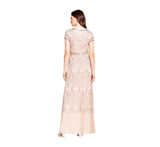 Adrianna Papell Women's Short Sleeve Blouson Beaded Gown, Taupe/Pink, 14